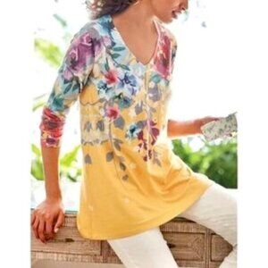 Soft Surroundings Delphina Yellow Floral V-Neck Knit Top Size 2X